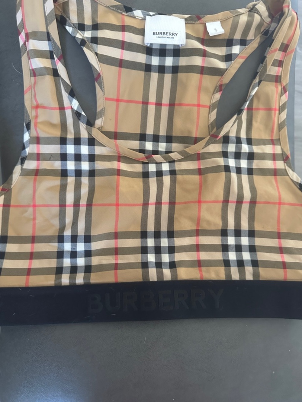 Burberry Classic Check Crop Tank in Beige, Black & Red